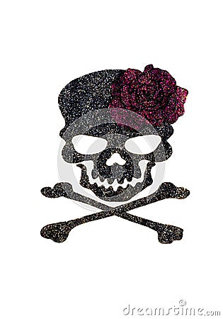 Glue and diamond dust paint be rose and crossbones on black fabric Stock Photo