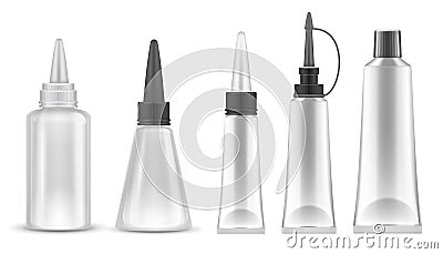 Glue packing. Realistic tubes and bottles for adhesive, tooth paste and cosmetic products. Isolated vector set Vector Illustration