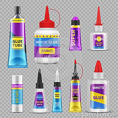 Glue sticks. Adhesive super glue tubes and bottles. Realistic isolated vector set Vector Illustration