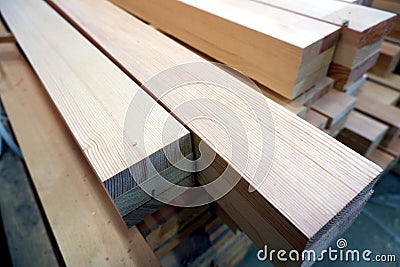 Glued pine timber beams for wooden windows closeup view Stock Photo