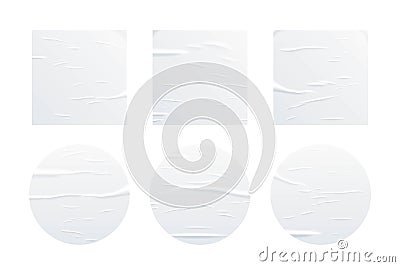Glued white square and circle paper sheets set. Vector isolated realistic crumpled posters bundle. Wet greased wrinkles Vector Illustration