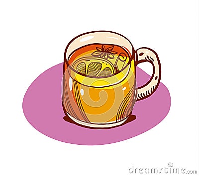 Gluhwein. Vector illustration. Holidays cocktail. Mulled wine spices. Glass of drink. Isolated on white background Cartoon Illustration