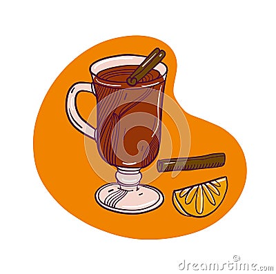 Gluhwein. Vector illustration. Holidays cocktail. Mulled wine spices. Glass of drink. Isolated on white background Cartoon Illustration