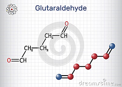Glutaraldehyde, glutaral molecule. Structural chemical formula, molecule model. Sheet of paper in a cage Vector Illustration