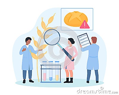Gluten allergy, celiac disease, tiny people research wheat plant with magnifying glass Vector Illustration