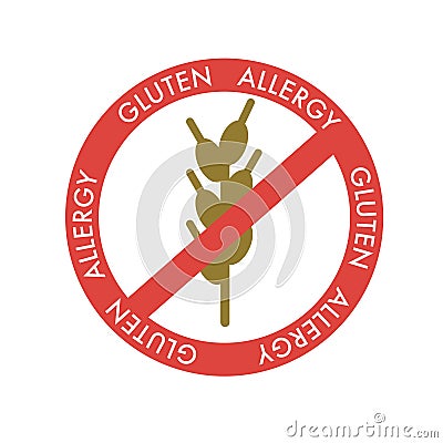 Gluten allergy red warning sign, sticker or label. Vector Illustration