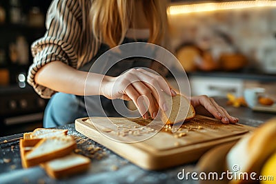 Gluten allergy, woman hand holding bread slice, looking at bread slice at home. Gluten intolerant Stock Photo