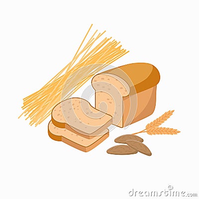 Gluten-containing foods white bread, cookies, spaghetti isolated on white background. Vector illustration in flat design Vector Illustration