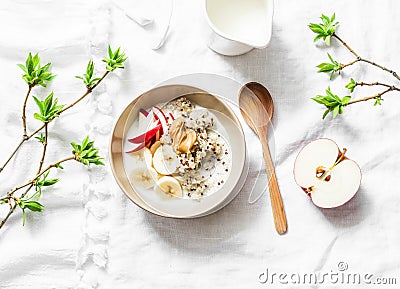 Gluten free breakfast - quinoa, coconut milk, banana, apple, peanut butter bowl on light background, top view. Delicious diet, veg Stock Photo