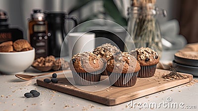 Gluten-free cupcakes on the rustic table. Vegan bakery Cartoon Illustration