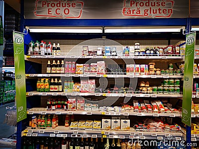 Gluten free eco products at the Selgros hypermarket Editorial Stock Photo