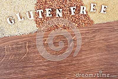 Gluten free inscription with amaranth, quinoa and buckwheat, healthy food concept, copy space for text Stock Photo