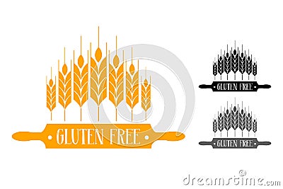 Gluten free vector logo set. Seven ears of wheat near the rolling pin. Vector Illustration