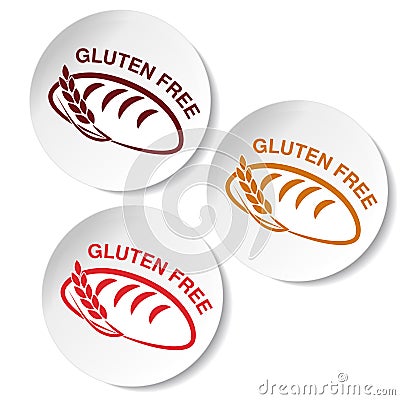 Gluten free symbols on white background. Circular stickers with silhouettes of bread with spikelet. Vector Illustration