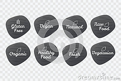 Gluten Free, Vegan, Natural, Raw, Healthy Food, Organic, Fresh, Vegetarian icons. Vector symbol set for product, sticker, logo Vector Illustration