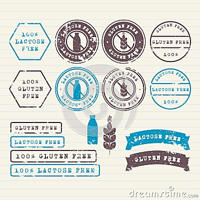 Gluten and Lactose free stamps set Vector Illustration