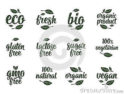 Gluten, lactose, sugar, Gmo free, bio, eco, fresh calligraphic handwriting lettering with leaf, cube, drop. Vector white vintage Vector Illustration