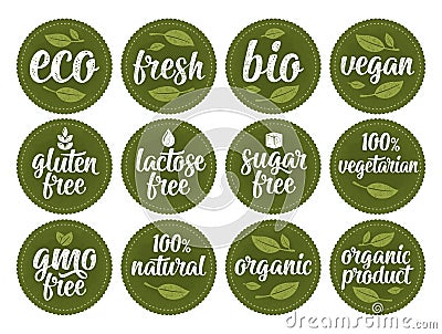 Gluten, lactose, sugar, Gmo free, bio, eco, fresh, vegan, vegetarian calligraphic lettering with leaf, cube, drop. Vector white Vector Illustration