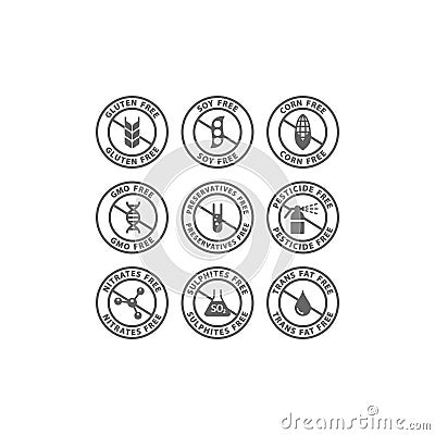 Gluten, soy, trans fat free vector label. Corn, preservatives, gmo free black circle stamp icons. Vector Illustration