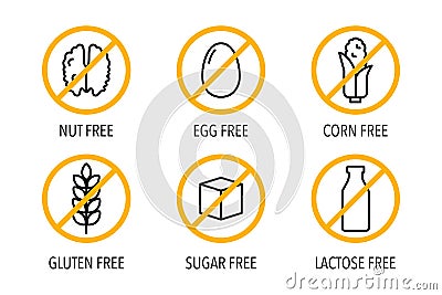 Gluten, sugar free, lactose intolerant. Set of isolated vector label icons for packaging design of food intolerance and Vector Illustration