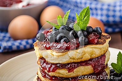Glutten-free pancakes with jam and blueberries Stock Photo