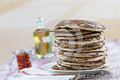 Glutten-free pancakes with jam and Maple syrup, ingredients, background Stock Photo