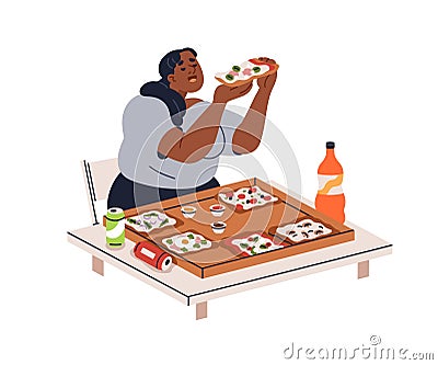 Gluttony and overeating concept. Hungry chunky woman eating lot of fat fast junk food, pizza, soda drink. Unhealthy high Vector Illustration
