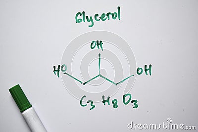 Glycerol C3,H8,O3 molecule written on the white board. Structural chemical formula. Education concept Stock Photo