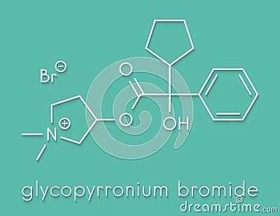 Glycopyrronium bromide glycopyrrolate COPD drug molecule. Has additional medical uses as well. Skeletal formula. Stock Photo