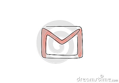 Gmail logo icon in one continuous line hand drawn minimalist design. Gmail is a free email service developed by Google. Popular Vector Illustration