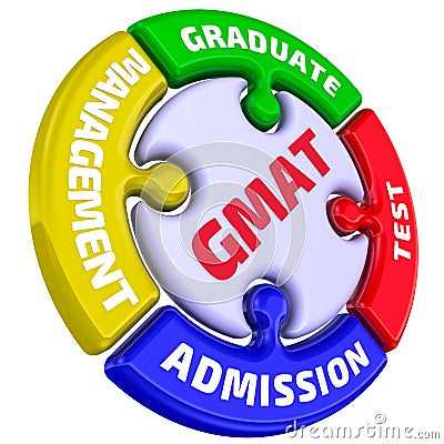 GMAT. Graduate Management Admission Test. The mark in the form of a puzzle Stock Photo
