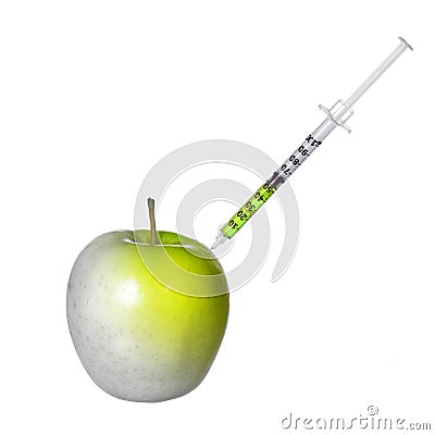 GMO food concept. Genetically modified green apple and syringe isolated on white. Genetic injection Stock Photo