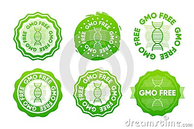 GMO Free icons. The concept of healthy natural organic food. Collection of stamps in various designs. Food packaging Vector Illustration