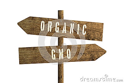 Gmo or Organic Farming Wooden Direction Sign. Stock Photo
