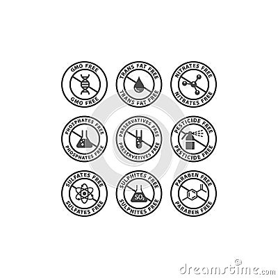 Gmo, preservatives, trans fat free vector badge label. Nitrates, sulfates, pesticides free circle stamp set for packaging. Vector Illustration