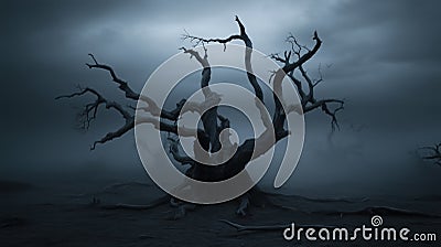 A gnarled, leafless tree emerges from a fog-covered ground, surrounded by an ominous mist and dark clouds, creating a mysterious Stock Photo