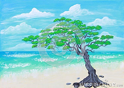 Gnarled Japanese Juniper tree on sandy beach by ocean Stock Photo