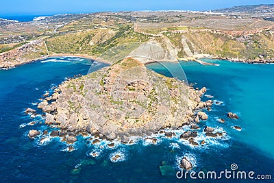 Gnejna and Ghajn Tuffieha bay on Malta island. Aerial view from the height of the coastlinescenic sliffs near the mediterranean Stock Photo