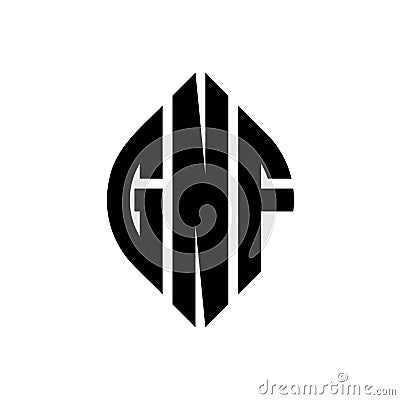GNF circle letter logo design with circle and ellipse shape. GNF ellipse letters with typographic style. The three initials form a Vector Illustration