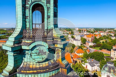 Panoramic view of old town historic city center with tower coping of Cathedral of Virgin Mary Assumption in Gniezno, Poland Editorial Stock Photo