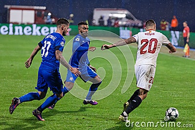 GNK Dinamo Zagreb VS FC Sevilla. Petar STOJANOVIC (37), Hilal SOUDANI (2) and VITOLO (20). Editorial Stock Photo