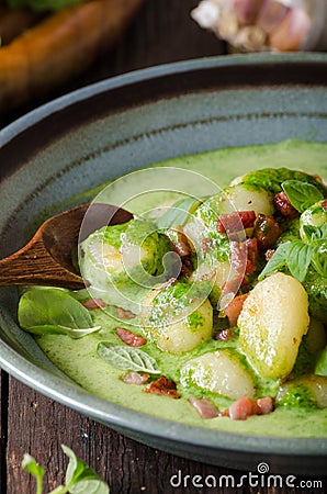Gnocchi with bacon and basil spinach sauce Stock Photo