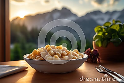 Gnocchi Dish with Dolomites Mountain Range Backdrop Stock Photo