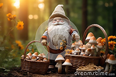 Gnome with a basket of mushrooms collected from the forest in fantasy world Stock Photo