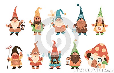 Gnome characters. Cute festive dwarfs with different attributes decoration yard collection, xmas fairy tale gnomes with Vector Illustration