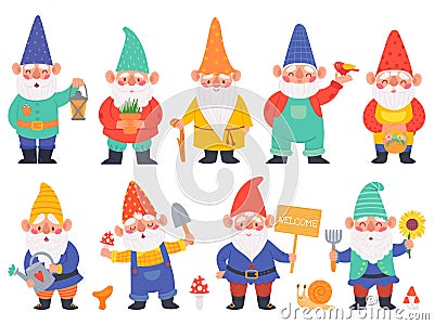 Gnome characters. Cute gnomes with beard funny garden decoration, adorable dwarfs with lantern, watering can and flowers Vector Illustration