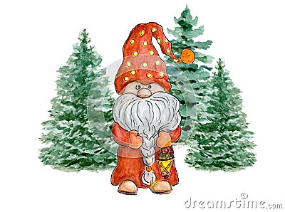 Gnome in Christmas forest with lantern. Gnome in funny red cap with fir trees. Cute holidays gnome for New year greetings card or Stock Photo