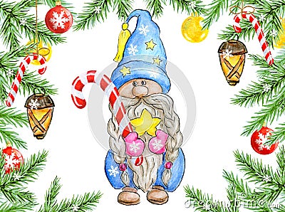 Gnome with Christmas Star and candy cane in Christmas Eve. Little gnome in funny blue cap and spruce frame. Cute holidays gnome Stock Photo