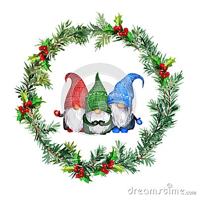 Gnome family christmas wreath - spruce, pine branches, mistletoe. Watercolor round garland with scandinavian dwarves Stock Photo