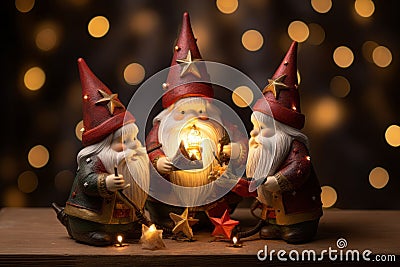 Gnome family decorating a Christmas tree with ornaments Stock Photo